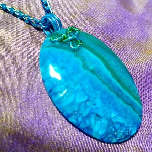 Blue green druzy agate handmade pendant necklace stripes waves wired - Picture 4 of 6
